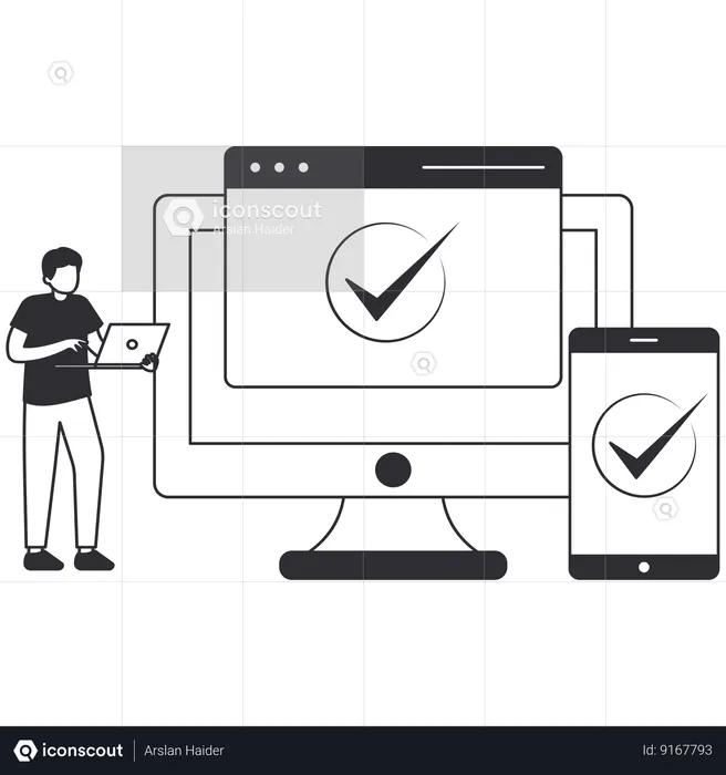 Man checking Cross browser compatibility  Illustration
