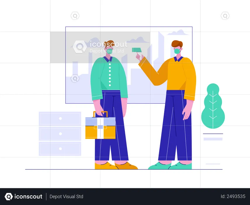 Man checking other person temperature by temperature gun  Illustration