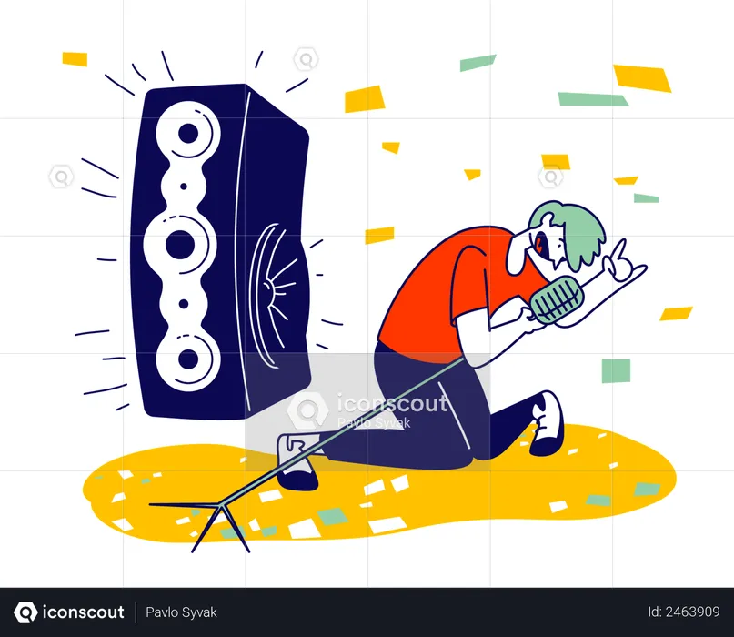 Man Cheering, Dancing and Jumping on Stage Performing Rock Composition in Karaoke Bar  Illustration