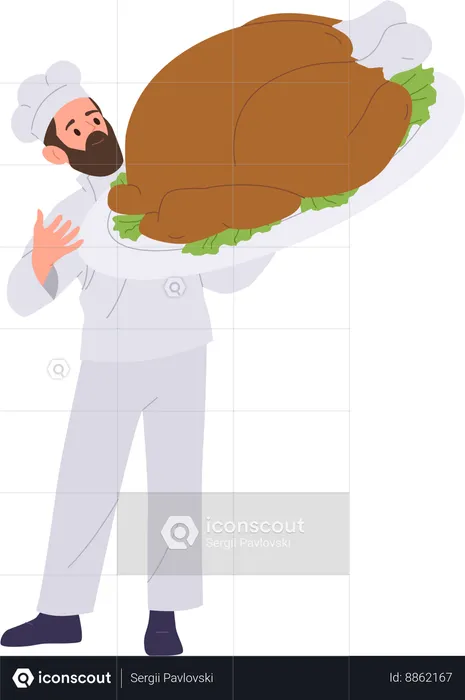 Man chef holding roasted turkey  Illustration