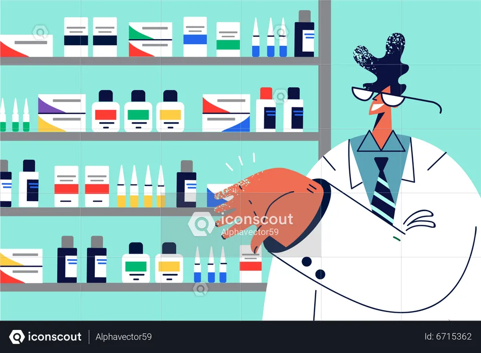 Man chemist in pharmacy store  Illustration