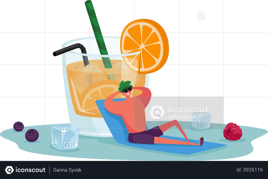 Man chilling and having glass of orange juice  Illustration