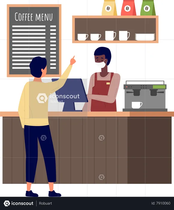 Man choose cakes and buy coffee at bakery shop  Illustration