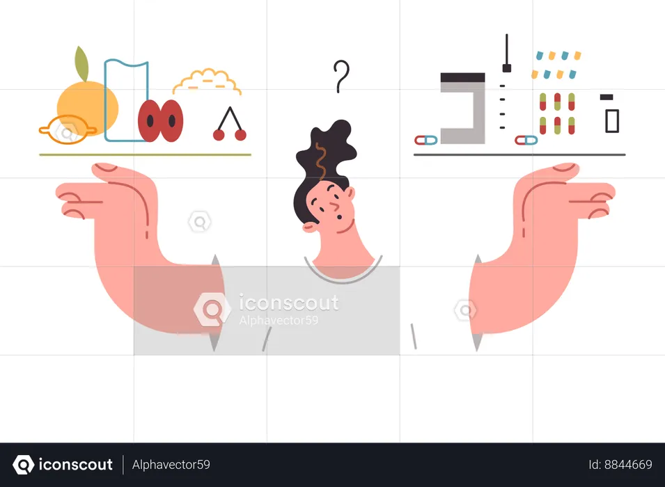 Man chooses between healthy nutrition and medications to replace natural vitamins from food  Illustration