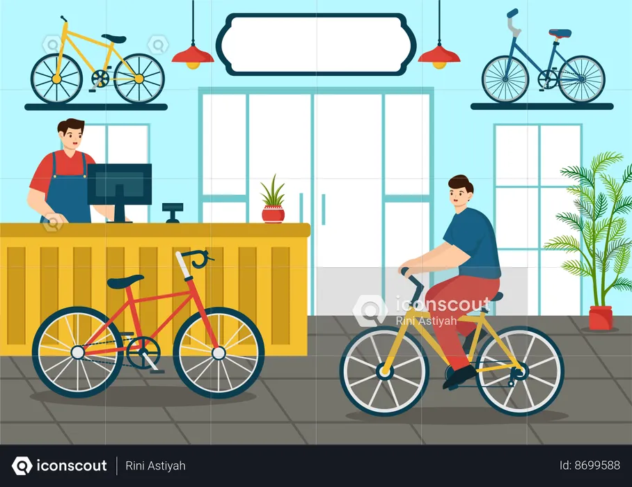 Man Choosing Cycle At Shop  Illustration