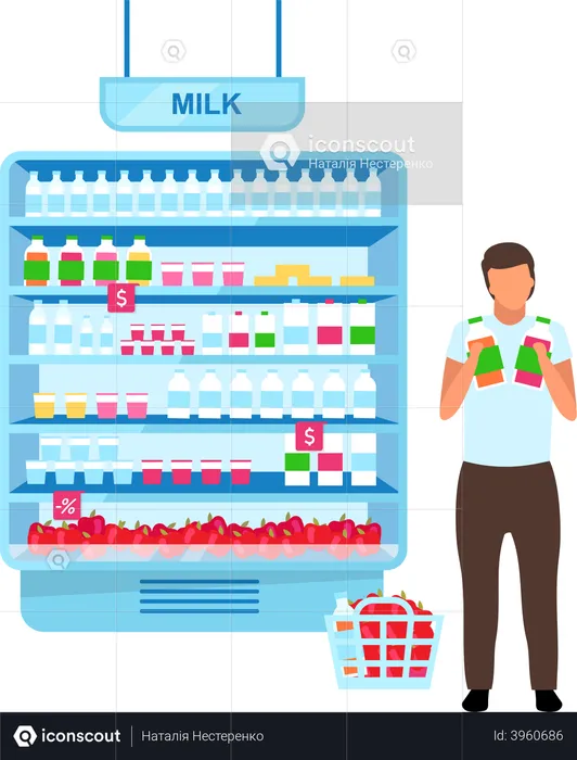Man choosing yogurt in grocery store  Illustration