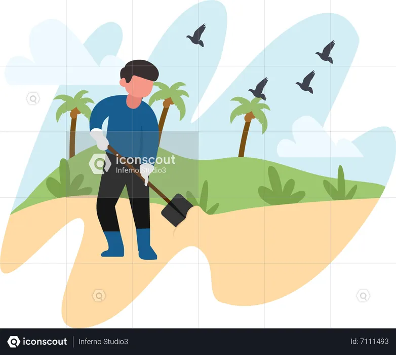 Man cleaning beach  Illustration
