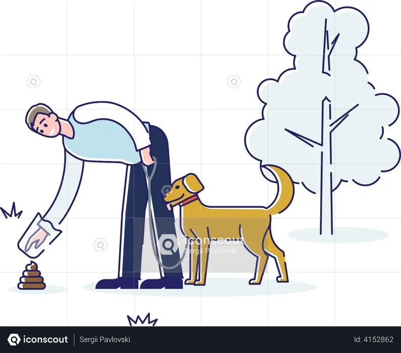 Man cleaning dog poop keeping nature clean  Illustration