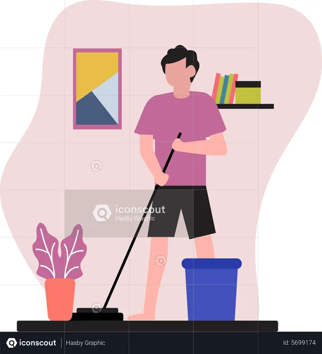 Man cleaning floor with broom  Illustration