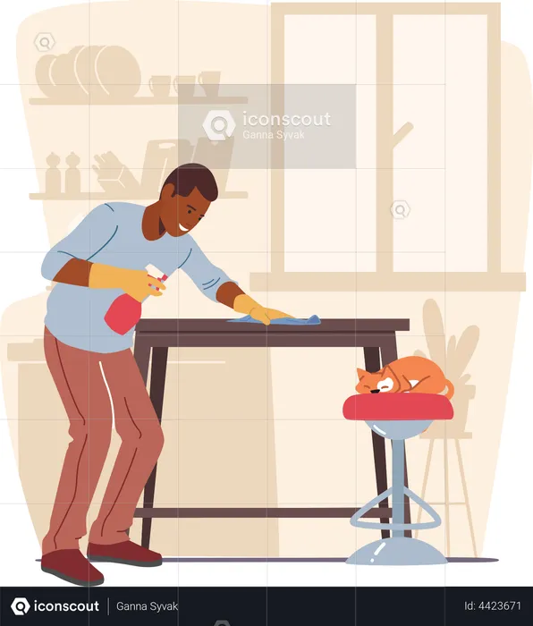 Man Cleaning Furniture with Duster and Water Sprayer  Illustration