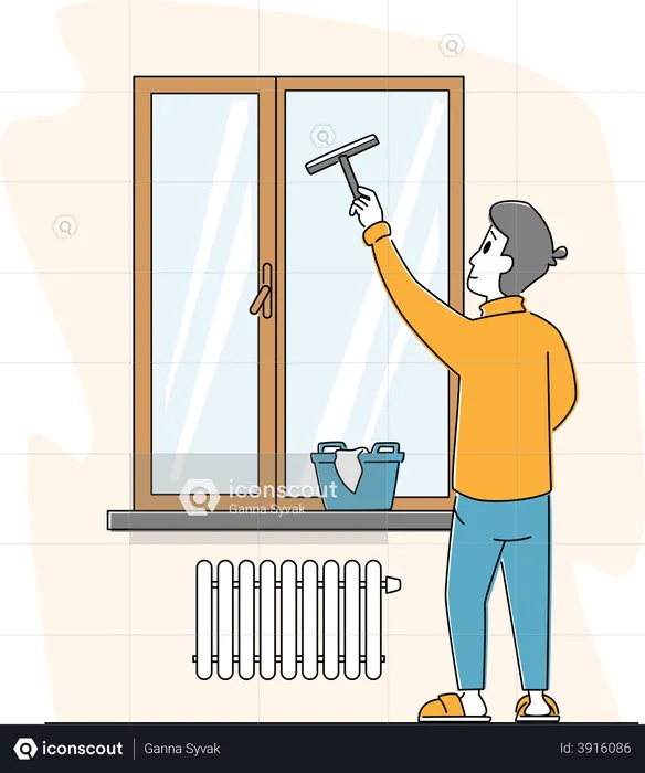 Man Cleaning Home Wiping Window with Wet Rag and Scraper  Illustration