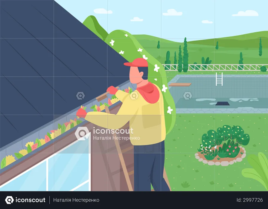 Man Cleaning leaves from house roof  Illustration