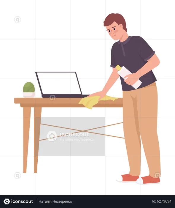 Man cleaning wooden table surface with cloth  Illustration