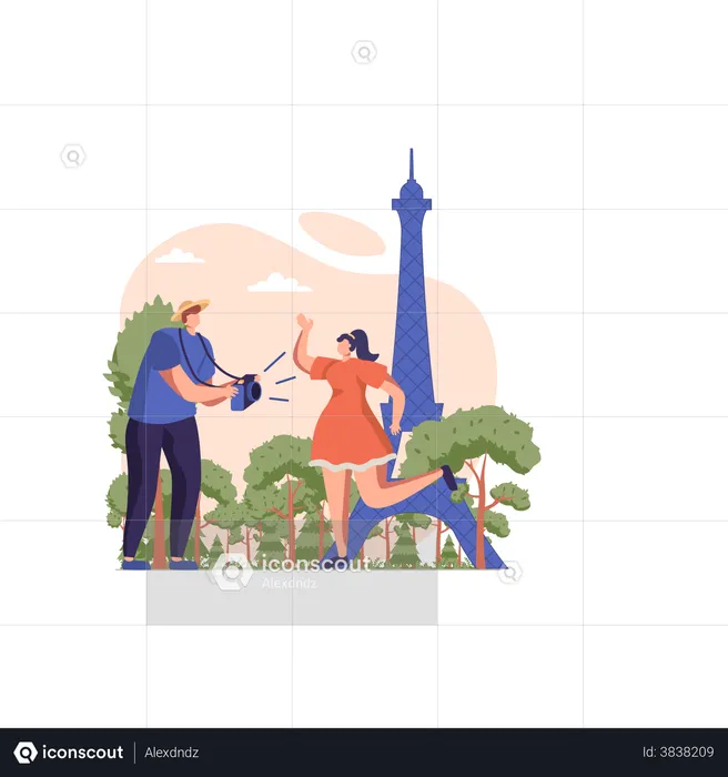 Man clicking picture of wife at famous tourist location  Illustration