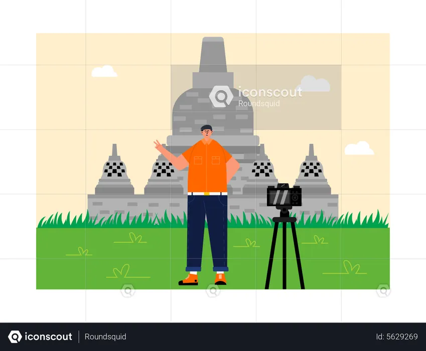 Man clicking self photo at Borobudur Temple  Illustration