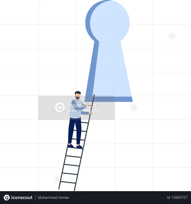 Man Climbing Ladder Reaching Keyhole  of Opportunity  Illustration