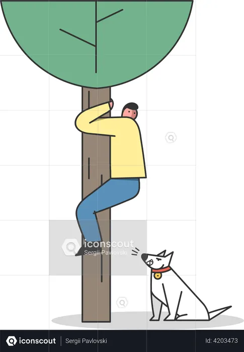 Man climbing tree to be safe from dog  Illustration