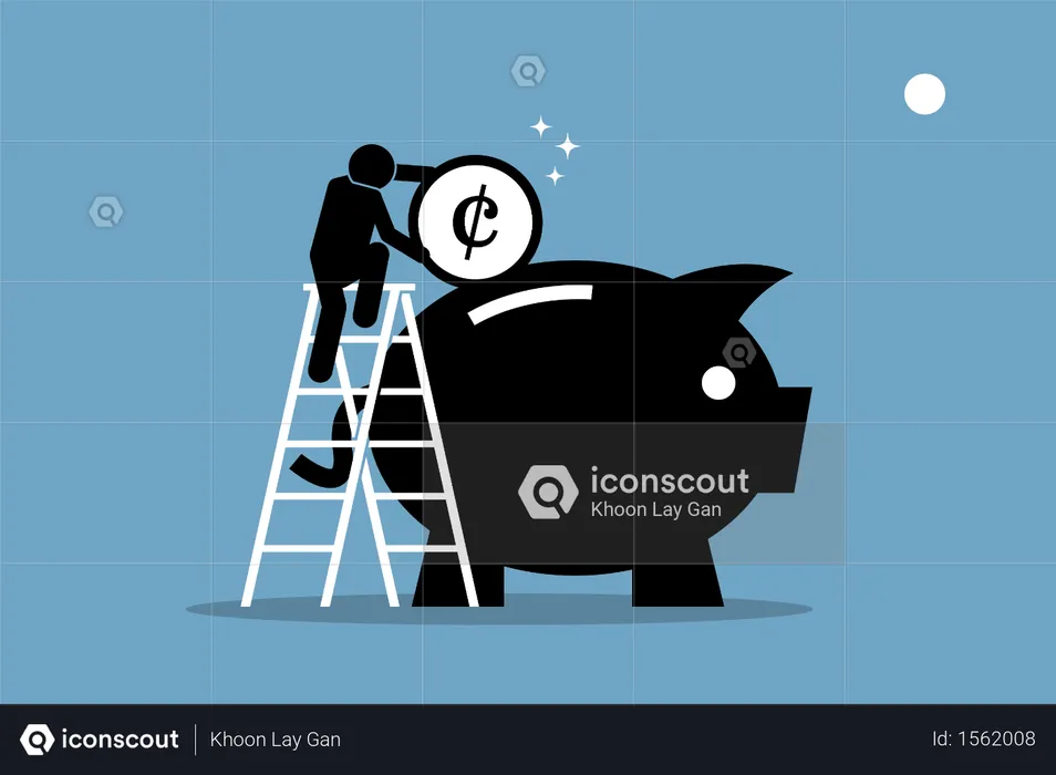 Man climbing up on a ladder and putting money into a big piggy bank  Illustration