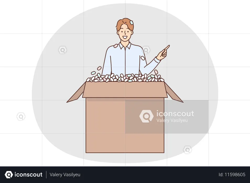 男性が箱から出て、配達サービスを勧めながら指を横に向ける  イラスト