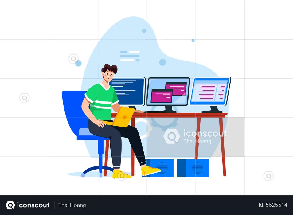 Man Coder Developed Code In Computer  Illustration