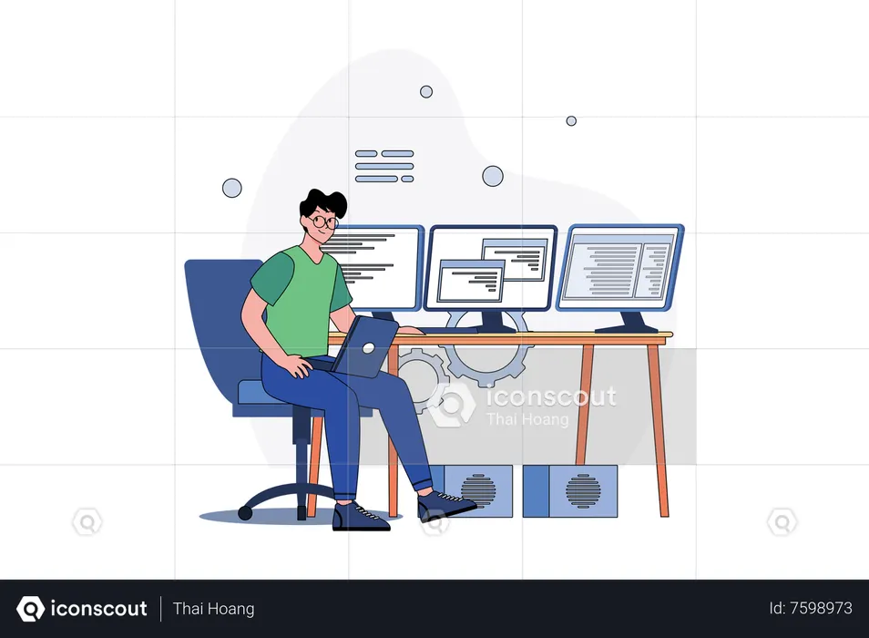 Man Coder Developed Code In Computer  Illustration