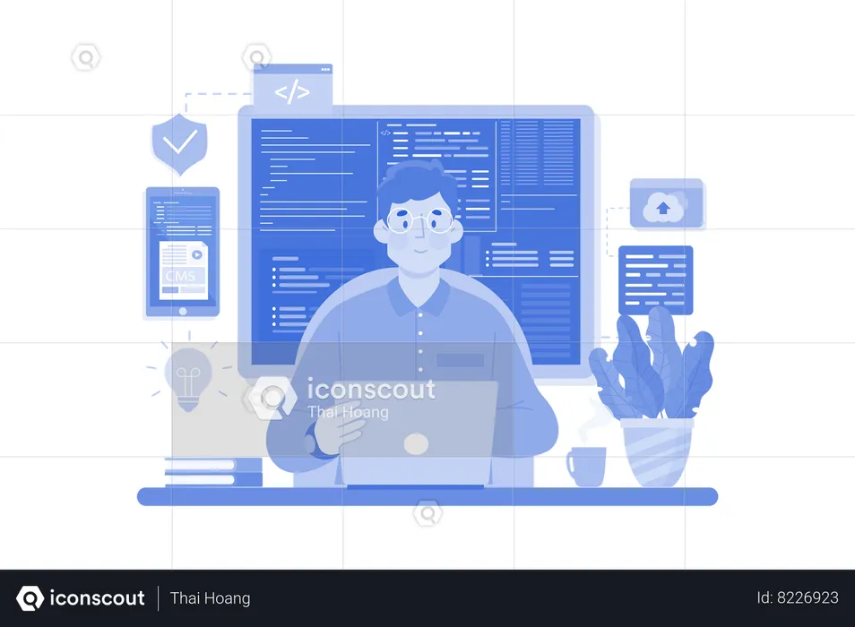 Man Coder Programming on Computer  Illustration