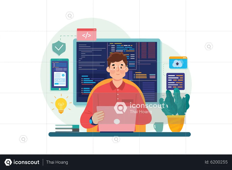 Man Coder Programming on Computer  Illustration