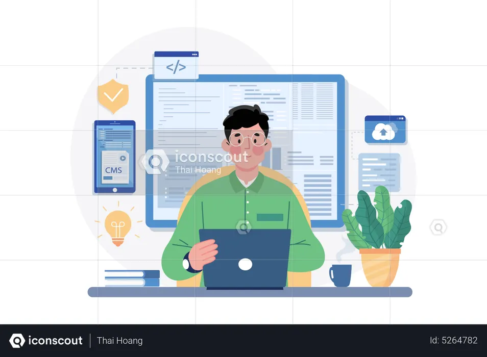 Man Coder Programming on Computer  Illustration