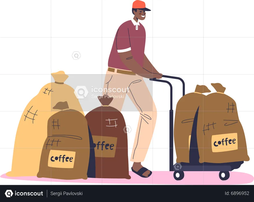 Man coffee farm production worker loading canvas sacks with coffee beans for delivery  Illustration