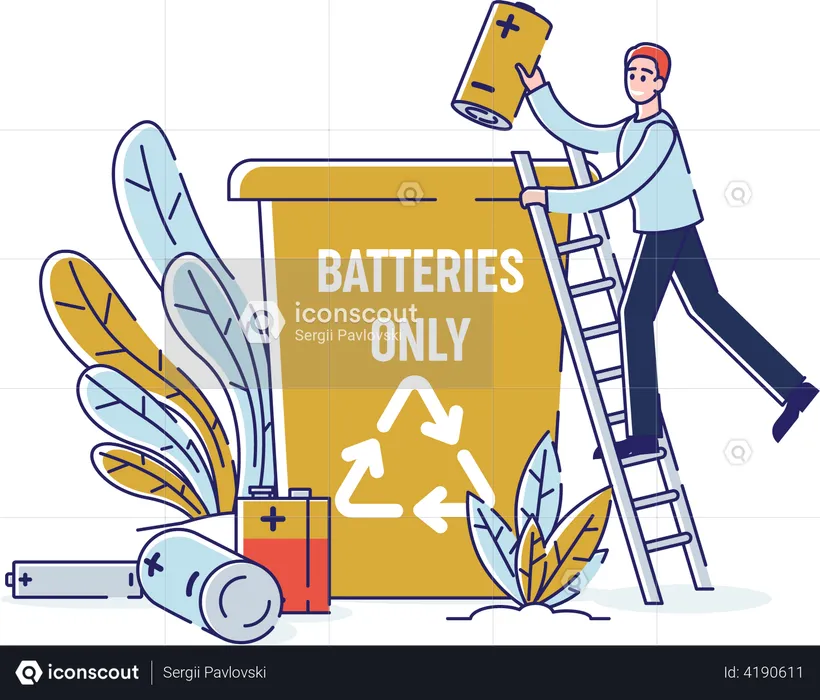 Man Collect Used Batteries And Throw Into Garbage Container  Illustration