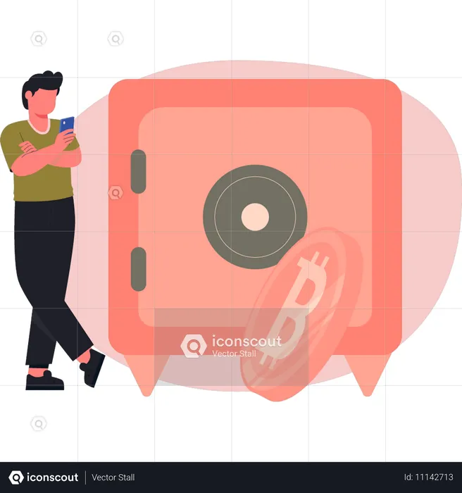 Man collecting bitcoin in locker  Illustration