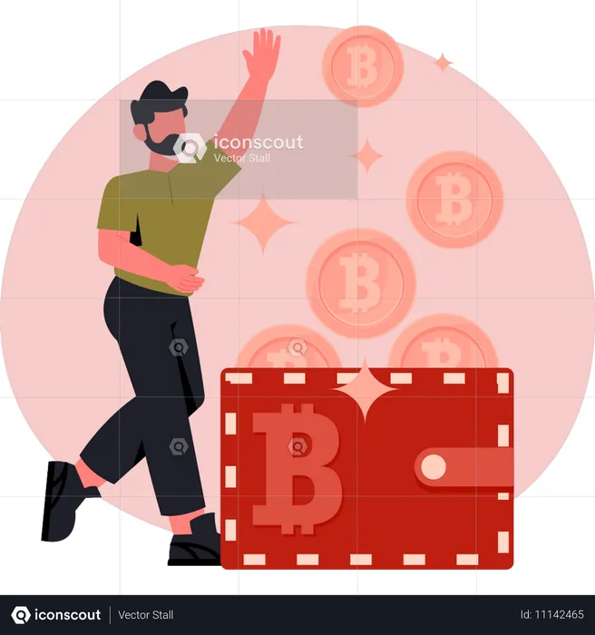 Man collecting crypto coins in wallet  Illustration