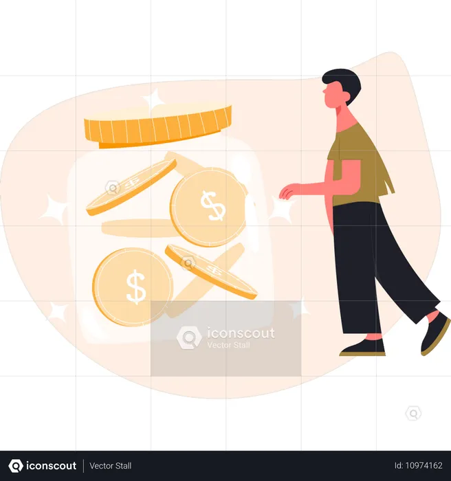 Man collecting dollar coin in jar  Illustration