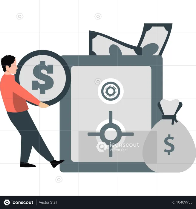 Man collecting dollar in bank locker  Illustration