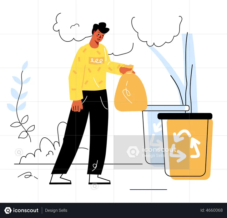Man collecting garbage and putting in dustbin  Illustration