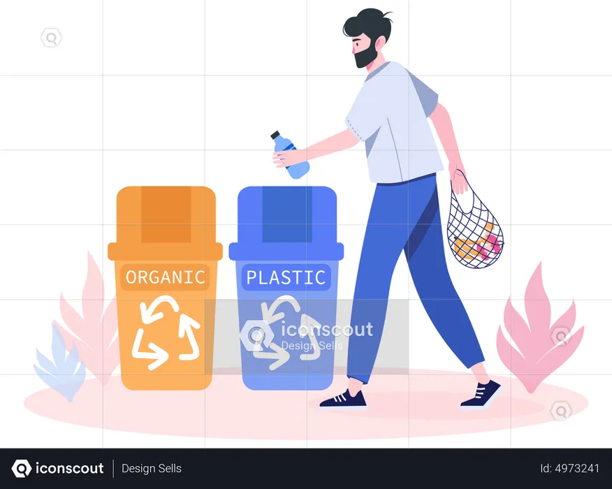 Man collecting garbage and throw in bin  Illustration
