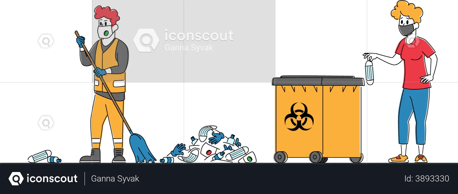 Man Collecting Garbage and Woman Throw Medical Mask  Illustration