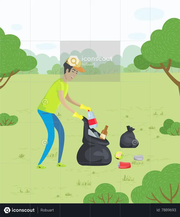 Man Collecting Garbage in Park  Illustration