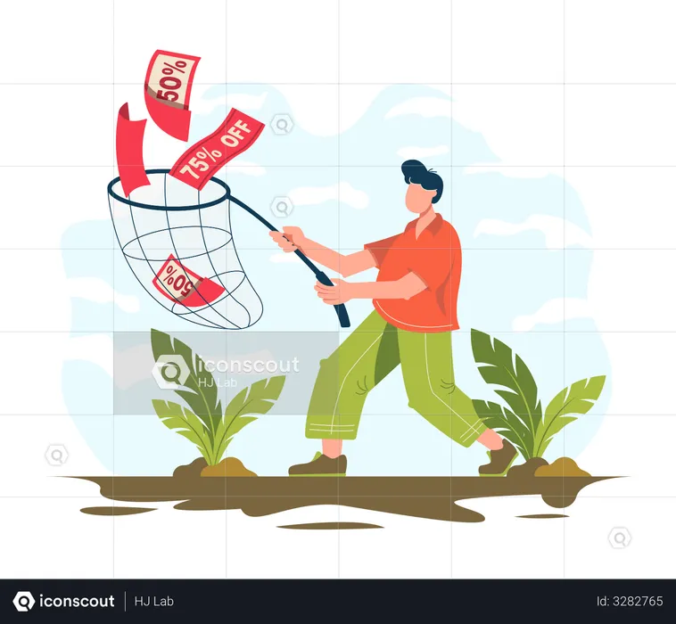 Man collecting online shopping discount vouchers  Illustration
