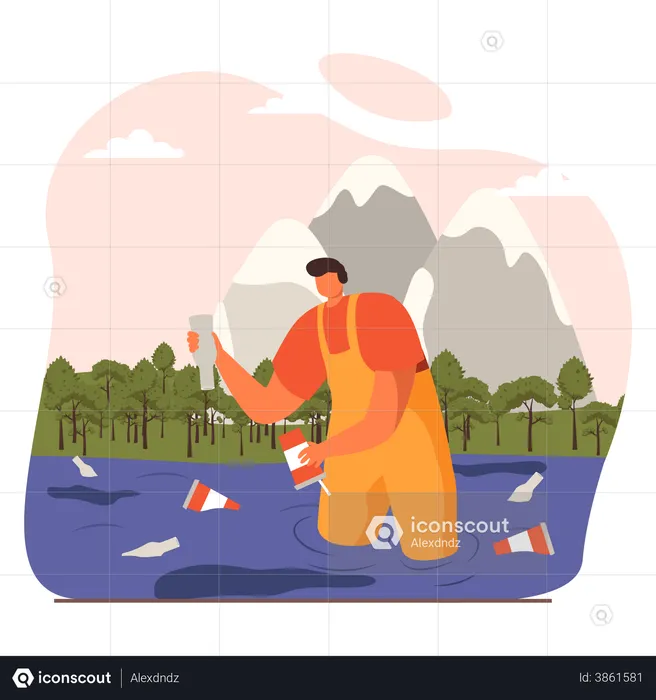 Man collecting waste from sea  Illustration