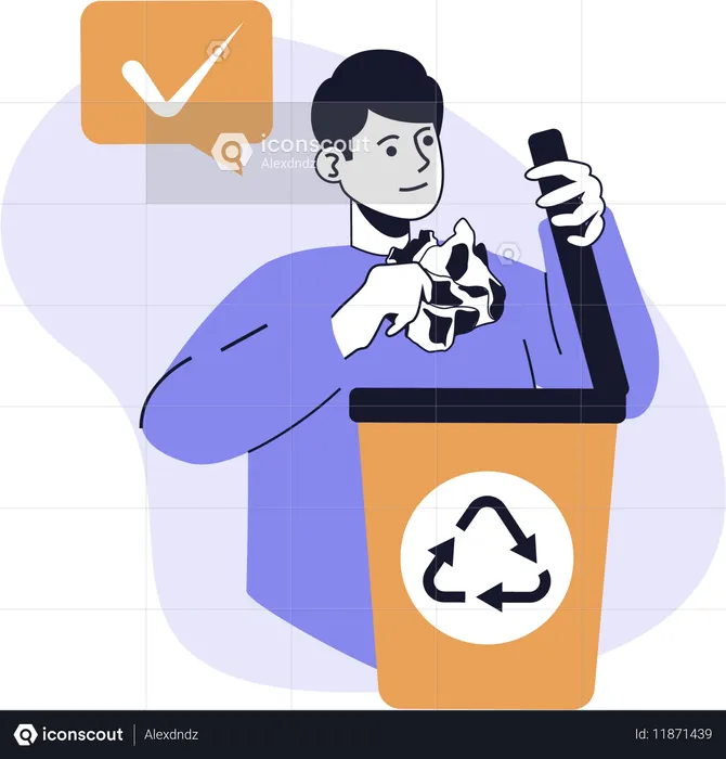 Man collects waste in recycle bin  Illustration