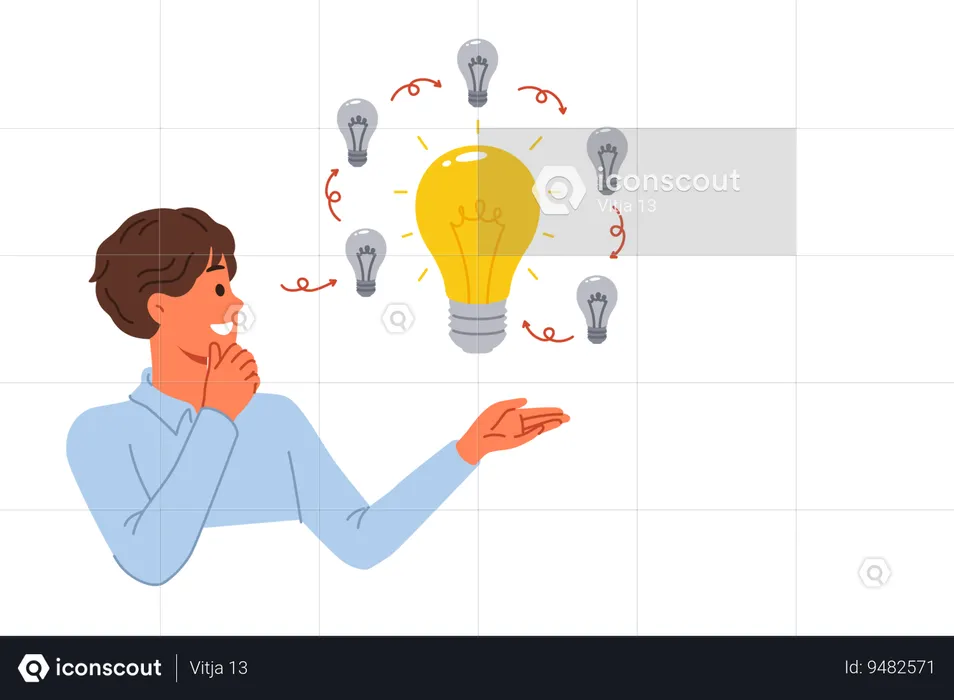 Man comes up with innovative idea allows to get investments standing near light bulbs  Illustration