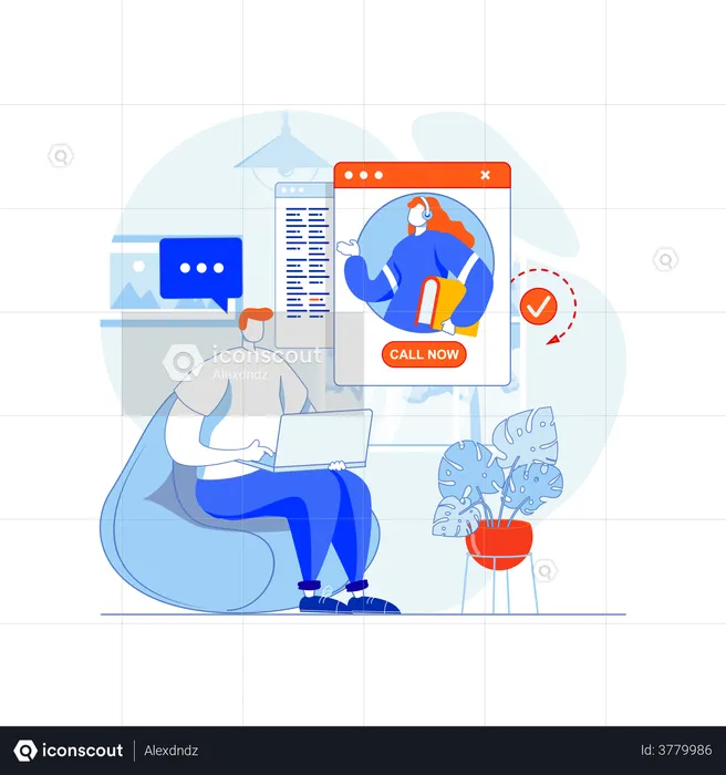 Man communicating with customer support executive online  Illustration