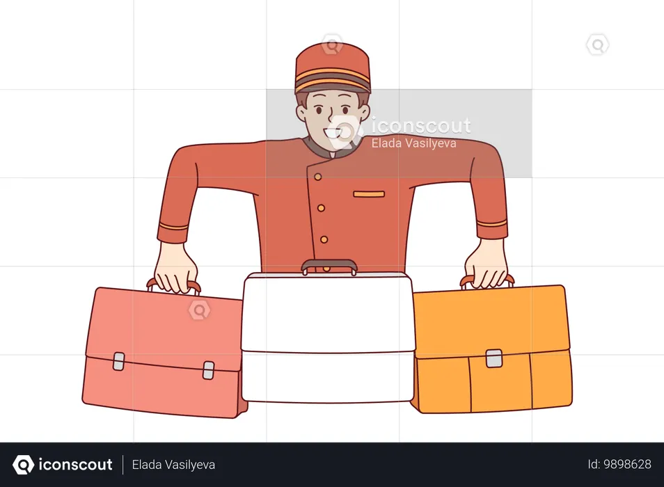 Man concierge works at hotel helping to carry luggage into room and receiving tips from guests  Illustration