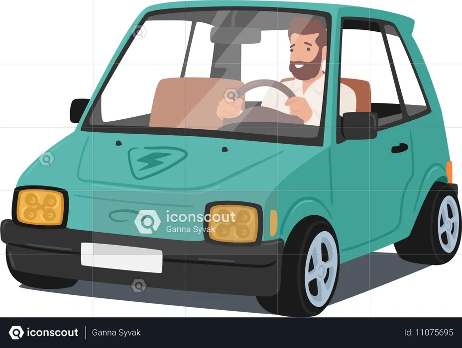 Man Confidently Navigates Electric Car  Illustration