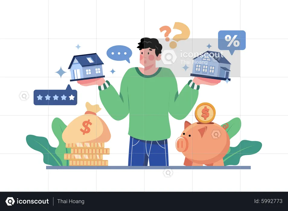 Man confused about choosing a house  Illustration