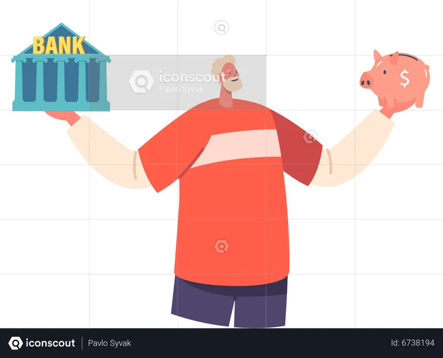 Man confused between keeping money in savings or in bank  Illustration