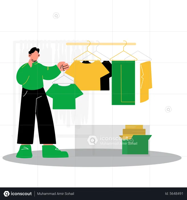 Man confused to choose cloth in shop  Illustration