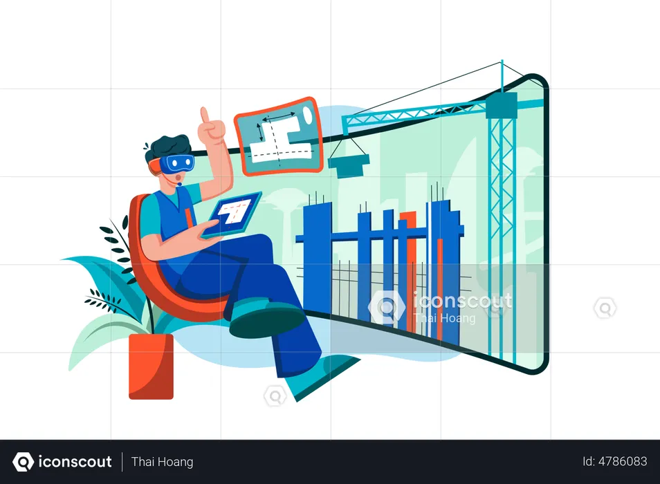 Man constructing building into metaverse city  Illustration