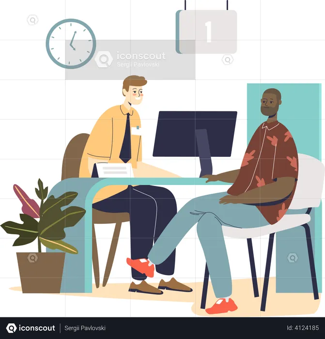 Man consulting with banking specialist worker on finance deposit or business credit  Illustration
